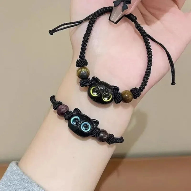 1/2 stücke Nette Natürliche Stein Schwarze Katze Armband Frauen Männer Mode Cartoon Tier Perlen Armbänder Handgemachte Mode Schmuck Geschenke