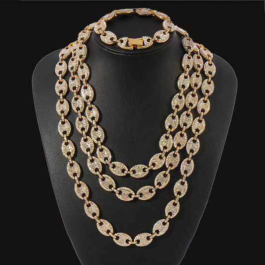 Iced Out Kaffeebohne Strasssteine Punk Miami Kubanische Halsband Halskette Armband Statement Hip Hop Große klobige dicke Kette Halskette