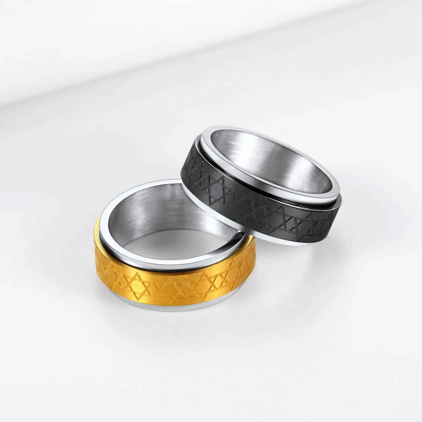 ChainsPro Edelstahl-Doppelschichten, 7,7 mm, flaches Band, Davidstern-Ringe für Herren, Größe 7–12, Angstfreigabungsspinner QC25