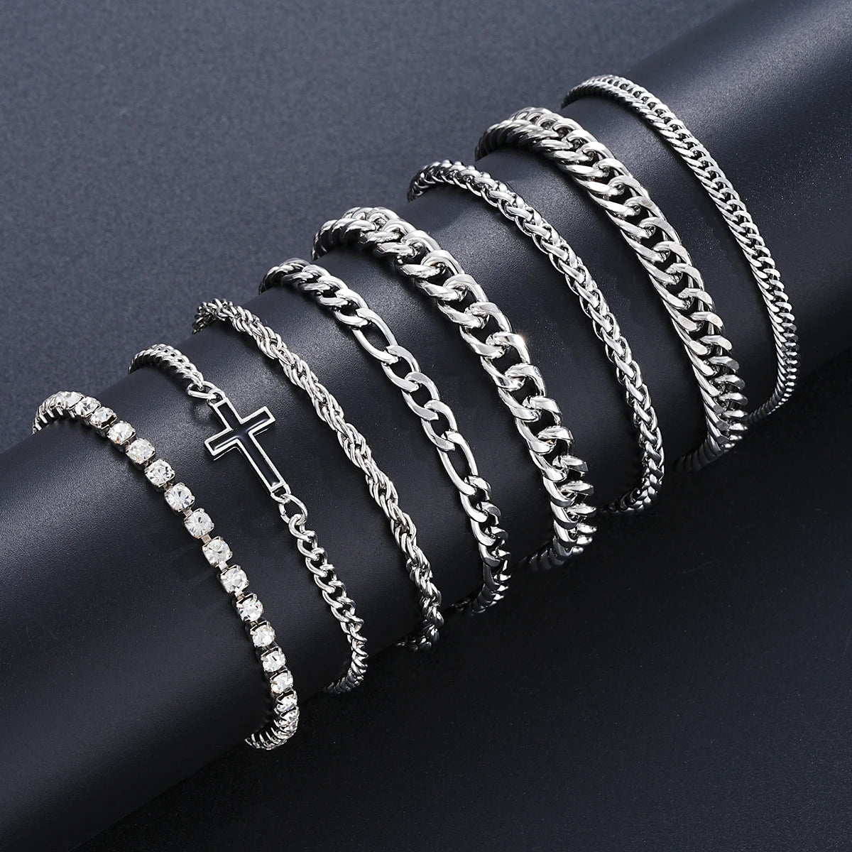 8Pcs Edelstahl Kreuz Kubanischen Armbänder Für Männer Frauen Punk Silber Farbe Kristall Twist Kette Armband Täglichen Verschleiß Mode