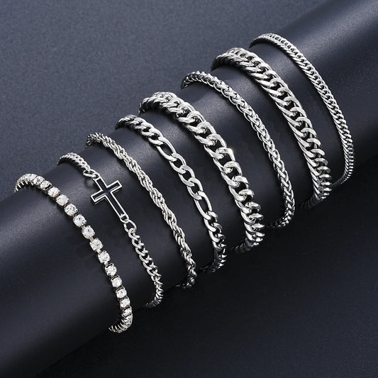 8Pcs Edelstahl Kreuz Kubanischen Armbänder Für Männer Frauen Punk Silber Farbe Kristall Twist Kette Armband Täglichen Verschleiß Mode