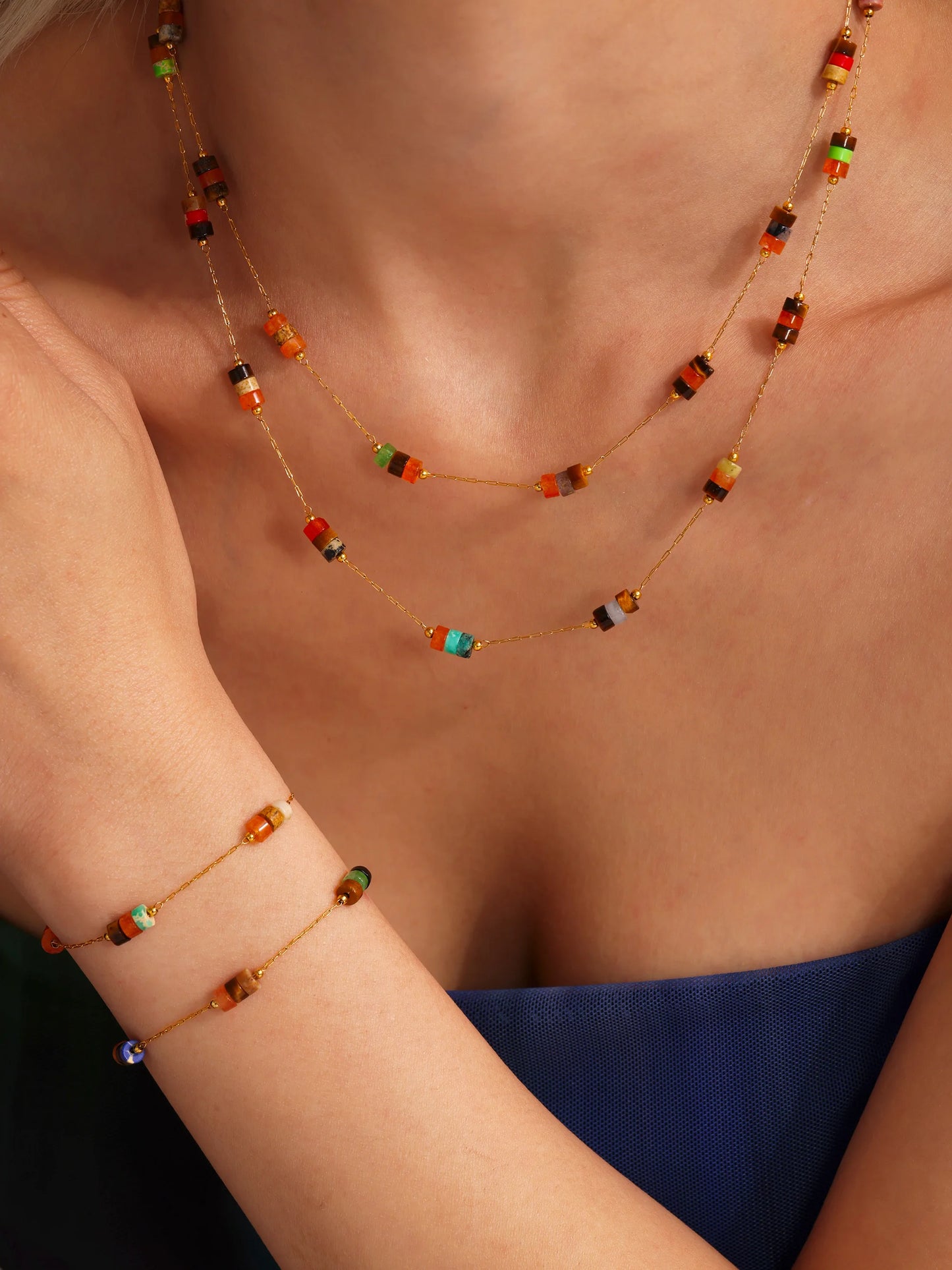 Liora No Anlauffarben Stein Halskette Armbänder Für Frauen Edelstahl Dünne Kette Schmuck Sets PVD Vergoldet Frauen Schmuck
