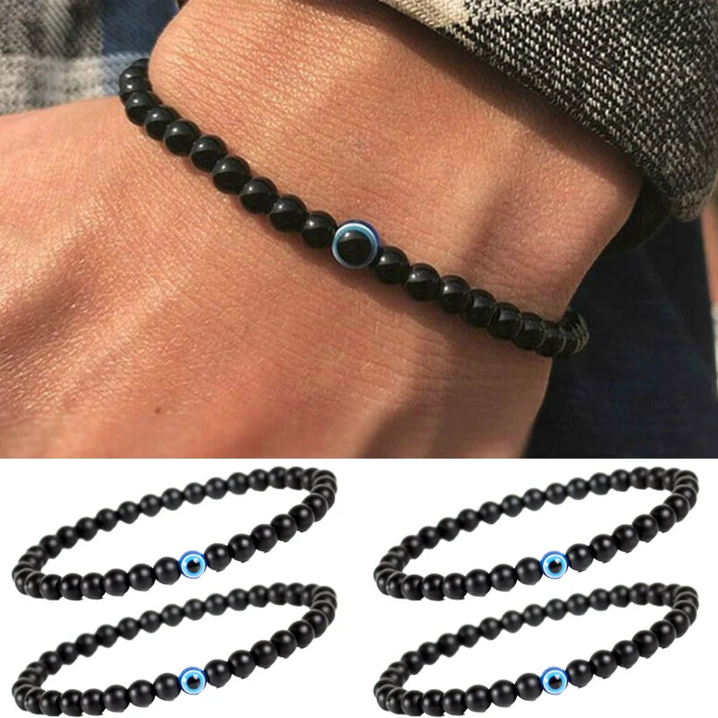 2 Stück türkische blaue böse Augen Armband schwarze Natursteinperlen Obsidian Männer Beacelet für Frauen Männer Yoga Hand Schmuck Geschenke 6 mm