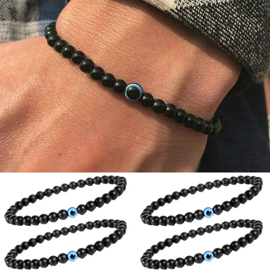 2 Stück türkische blaue böse Augen Armband schwarze Natursteinperlen Obsidian Männer Beacelet für Frauen Männer Yoga Hand Schmuck Geschenke 6 mm