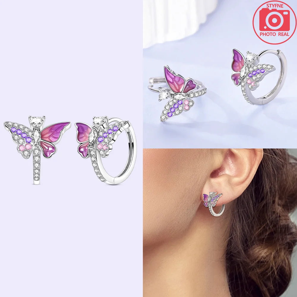 Schmetterlings-Ohrringe, Original 925er Silber, rosa Schleife, Herz, Zirkon, Stern, Blume, Ohrstecker, Damen, Schmuck, Geschenk, Liebe, Valentinstag-Set