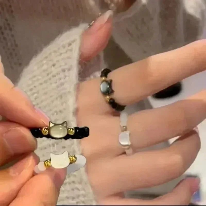 2 stücke natürliche Mondstein Obsidian Ringe Perlen minimalist ischen Zappel ring niedlichen schwarzen weißen Katzen ring Frauen Männer Party Zubehör Schmuck
