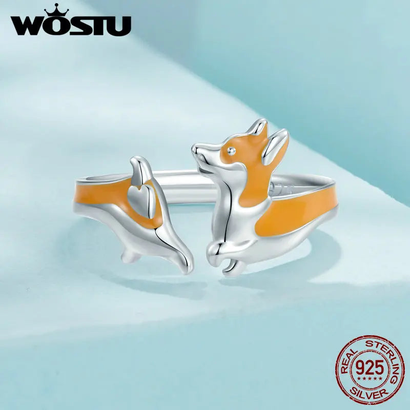 WOSTU 925 Sterling Silber Katze Haustier Einstellbare Ringe Für Frauen Tier Hund Offenen Ring Familie Tochter Geburtstag Schmuck Mädchen Geschenk