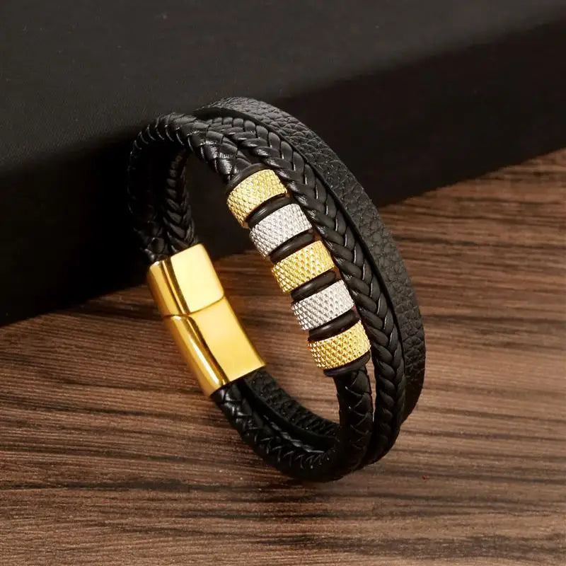 Punk Männer Leder armband mit Edelstahl Magnet verschluss geflochten mehr schicht ige Leder verpackung Armreifen Mann Schmuck Geschenk
