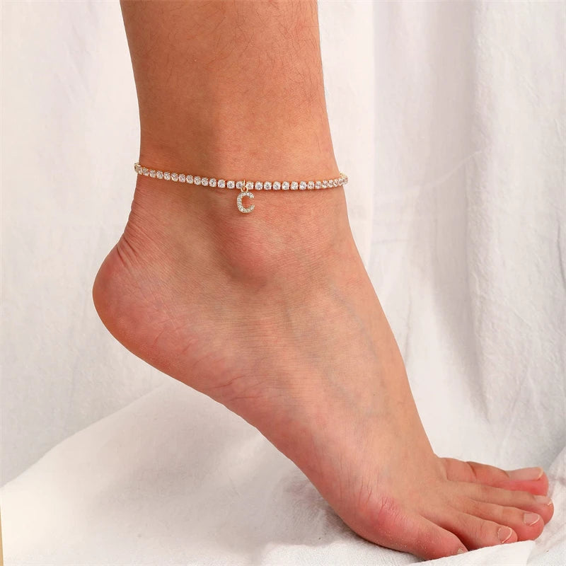 A-Z Fußkettchen mit 26 Anfangsbuchstaben für Frauen, Kristallzirkon, Alphabet, kubanische Gliederkette, Strandbein-Armbänder, böhmischer Schmuck, Geschenk