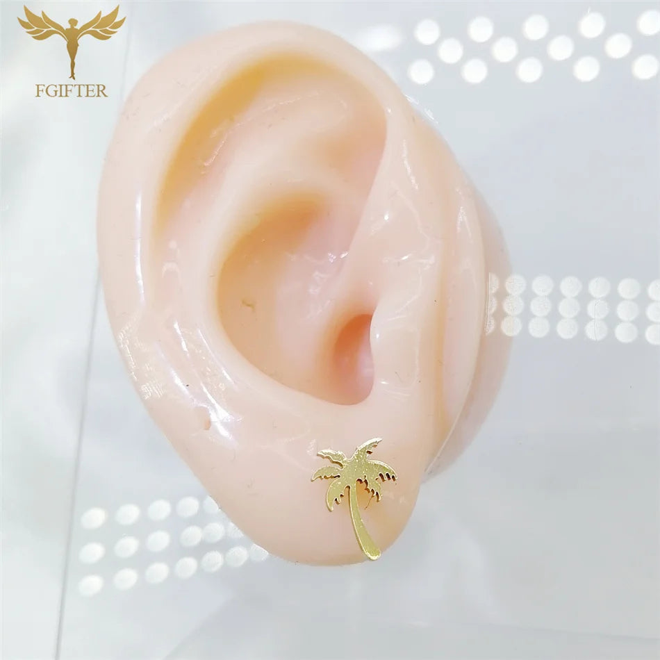12-fache Kokosnussbaum-Pflanzen-Ohrringe für Damen und Herren, Sommerurlaub, Schmuck, goldenes Metall, Edelstahl, Piercing-Ohrstecker-Set