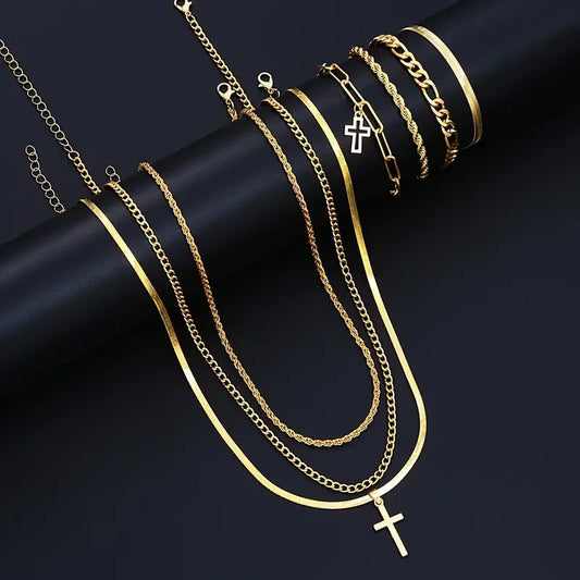 7-teiliges, elegantes, minimalistisches Kreuz-Anhänger-Schmuckset aus Edelstahl für Herren, Kette, Halskette, Armband, Schmuck für den Alltag