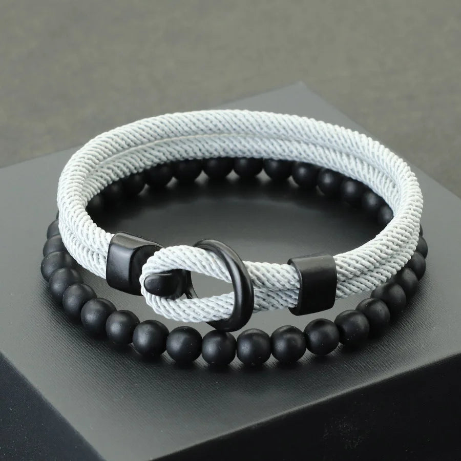 Noter Neue 2 Teile/satz Männer Armband Set Doppel Schicht Seil Nautischen Armband 6mm Schwarz Onyx Stein Armband Freizeit Zubehör pulseria
