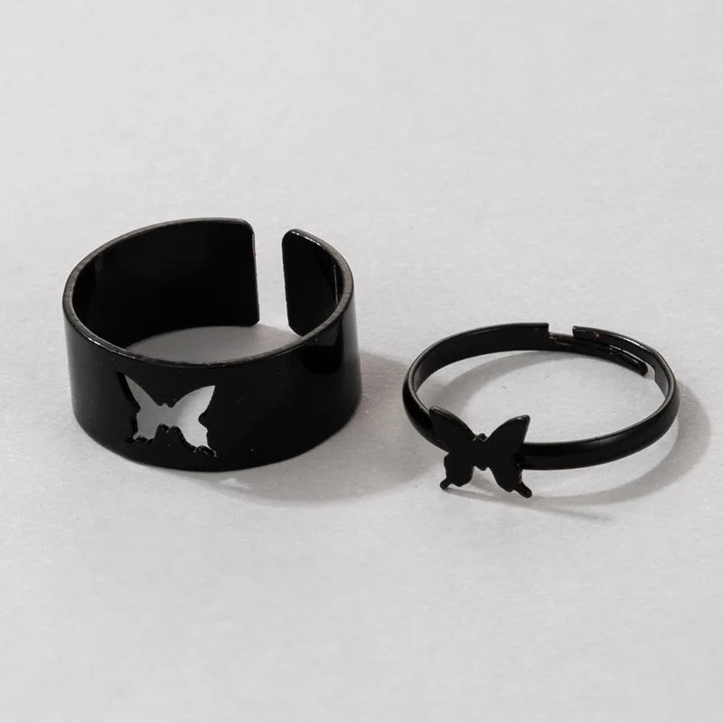 Vintage Einfache Tier Butterlfly Sterne Mond Herz Offene Ringe Für Frauen Mädchen Gothic Schmuck 2PCS Punk Schwarz Paar Ring set