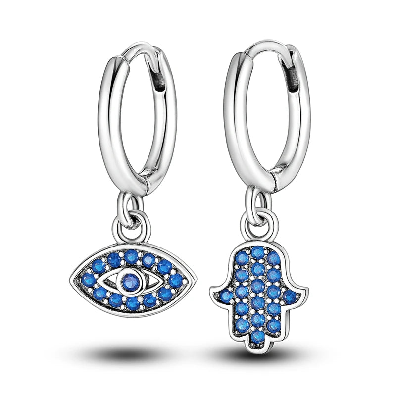 Original 925 Sterling Silber Hand von Fatima Blue Eye of Evil Creolen Kreuz Eardrop Ohrringe für Frauen Geschenk