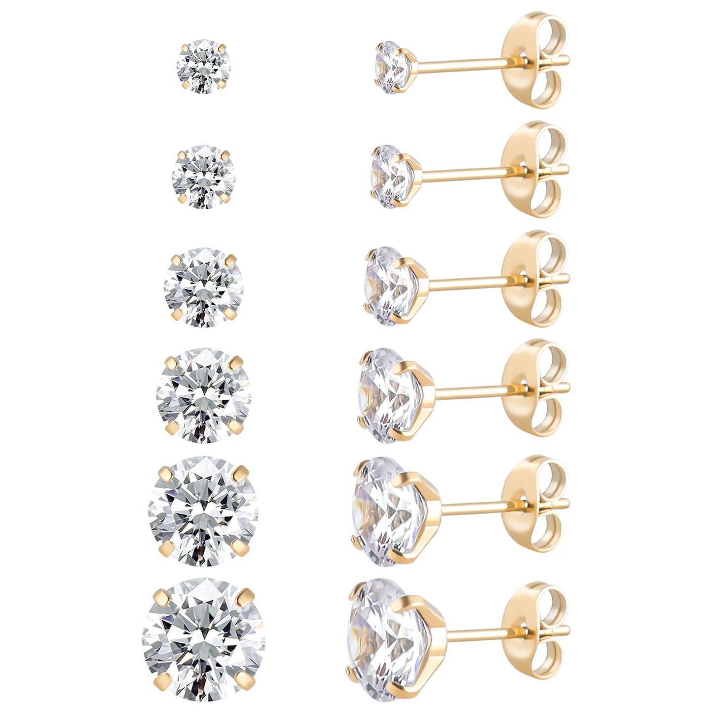 6-teiliges Ohrstecker-Set aus Edelstahl mit Schraubverschluss, vergoldet, Herz, Stern, quadratisch, Prinzessinnenschliff, rund, Zirkonia, CZ