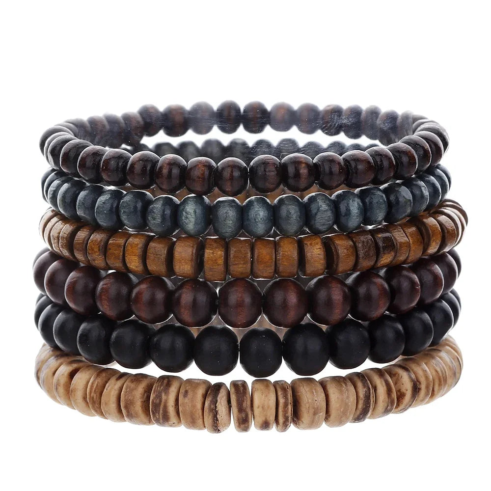 Meistverkaufte mehrschichtige Buddha-Holzperlen-Armbänder-Sets für Herren im Retro-Stil, mehrschichtiges, elastisches Faden, verstellbares Holzarmband