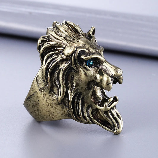 Mode Vintage Ring Hip Hop Blau Augen Löwenkopf Ringe Für Männer Punk Tier Ringe Für Jungen Unisex Finger Ring Schmuck Geschenke