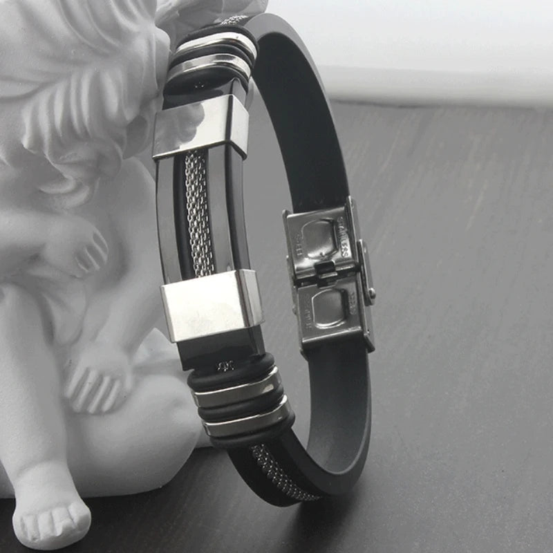HNSP Edelstahl Silikon Leder Armband Für Männer Kabel Linie Hand Kette Punk Schmuck Zubehör Männlich Geschenk