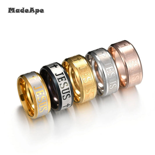 MadApe Klassischer Schmuck, 8 mm, Edelstahl, Buchstabe Bibelringe, Schwarz, Silber, Farbe, Roségold, Band, Jesus-Kreuz-Ring für Männer und Frauen