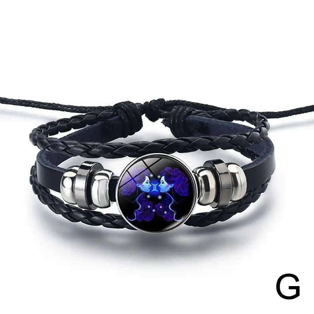 12 Sternbild Edelstein Leder Armband Männer Frauen Glas Armband Paar Leder mehr schicht ige Webart Geburtstags geschenk Armreif Edelstein