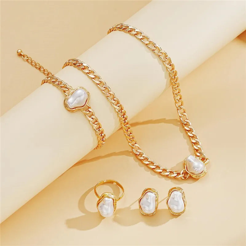 Gold Farbe Unregelmäßige Perle Offene Ringe Ohrringe Armband Halskette für Frauen Übertrieben Vintage Metall Schmuck Set Geschenke