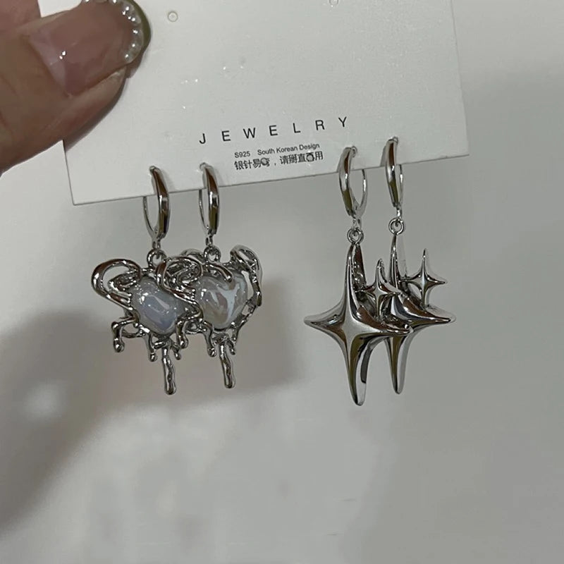 Einfache Silber Farbe Stern Ohrringe für Frauen Opal Stein Herz Creolen Punk Y2K Nette Tägliche Tragen Schmuck Party Geschenke