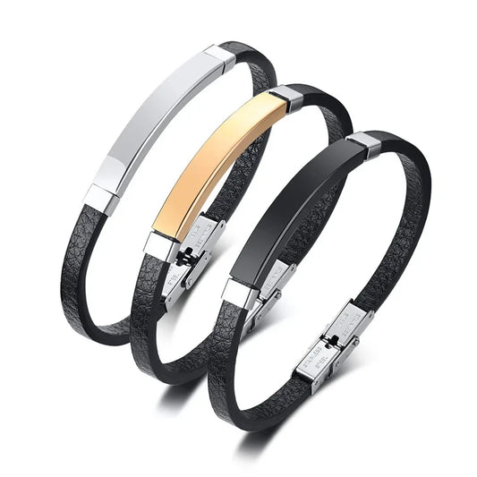 Schlichtes Herren-Armband aus schwarzem Leder, klassische Gold-/Schwarz-/Silberfarbe, geflochtene Armreifen aus Edelstahl für Männer, Geschenk für Freunde