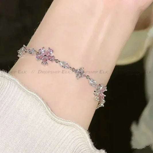 Koreanische Elegante Kirschblüte Bogen Zirkon Armband Y2K Süße Damen Hochzeit Kristall Blumen Armbänder Frauen Schmuck Zubehör