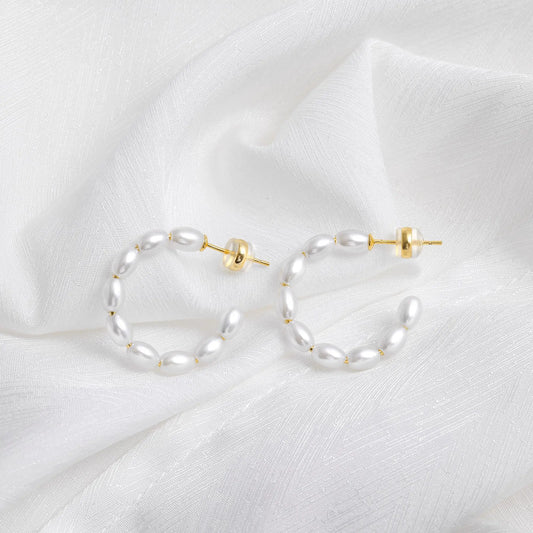 Shevalues 4 mm dicke ovale Perlen-Creolen für Damen, 925er Sterlingsilber, Nadelohrring, Schmuck, Damen-Vintage-Ohrringe als Geschenk