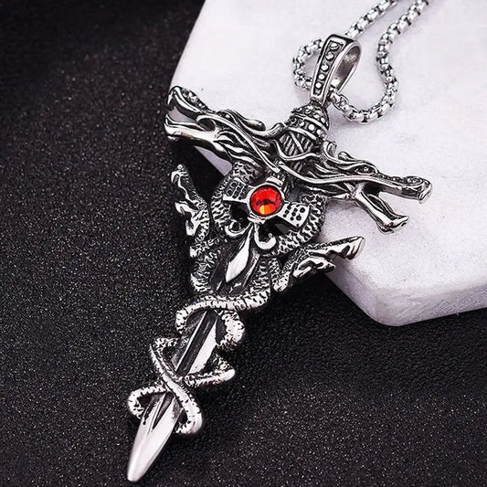 Punk Mode Titan Stahl Halskette für Männer Legierung Doppel Drachen Schwert Anhänger Choker Ring Vintage Bösen blick Kreuz Schmuck Geschenk