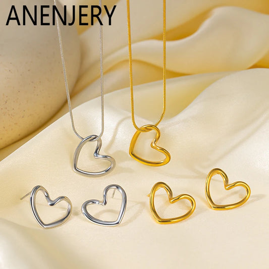Anenjery 316l Edelstahl hohle verzerrte Herz Halskette Ohrringe für Frauen einfache Mode Schmuck Set Großhandel