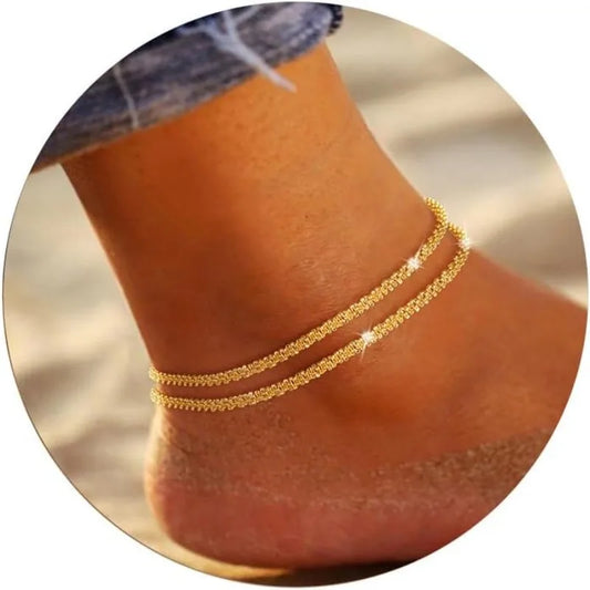 Knöchelarmbänder für Damen und Mädchen, glitzernd, wasserdicht, verstellbar, 14 Karat vergoldet/Sterlingsilber, geschichtete Fußkettchen, Strand-Fußschmuck