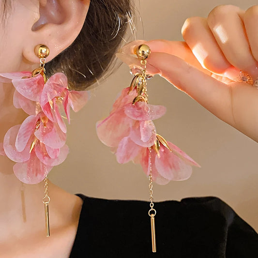 Rosa Blumen Mesh Lange Quaste Ohrringe Für Frauen Süße Temperament Kristall Tropfen Baumeln Ohrring Party Hochzeit Schmuck Großhandel