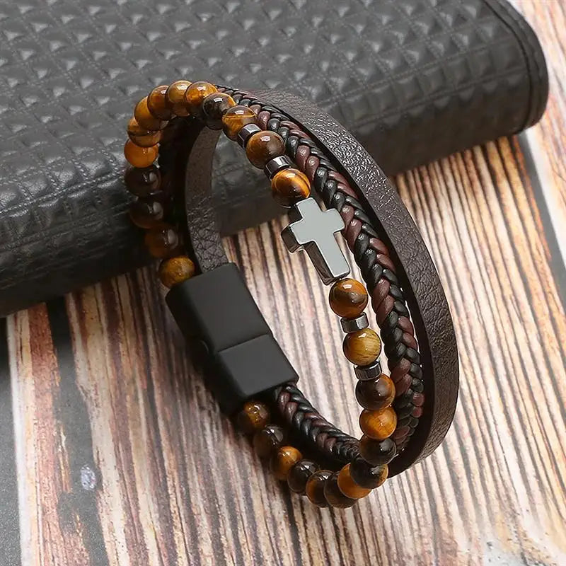 Jiayiqi Leder Armband Männer Punk Hip Hop Metall Charme Tigerauge Stein Perlen Multi-Schicht Armband Für Männer Mode schmuck Geschenk