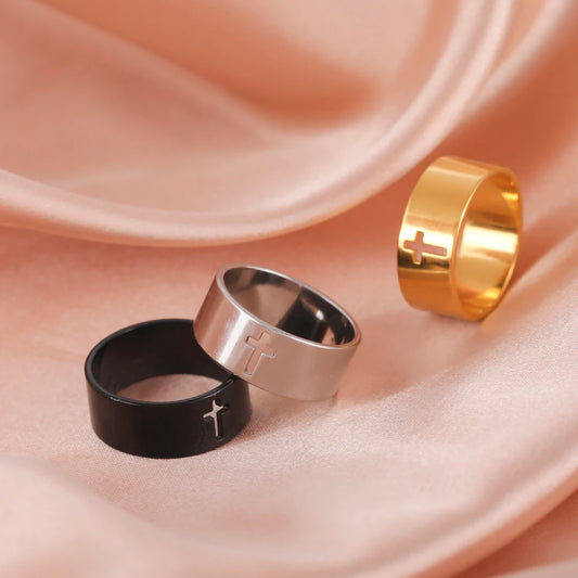 Bibelvers Hohlkreuz Frauen Fingerring Edelstahl Gold Stahl Schwarz Farbe Christian Jesus Männer Schmuck Geschenk Eheringe