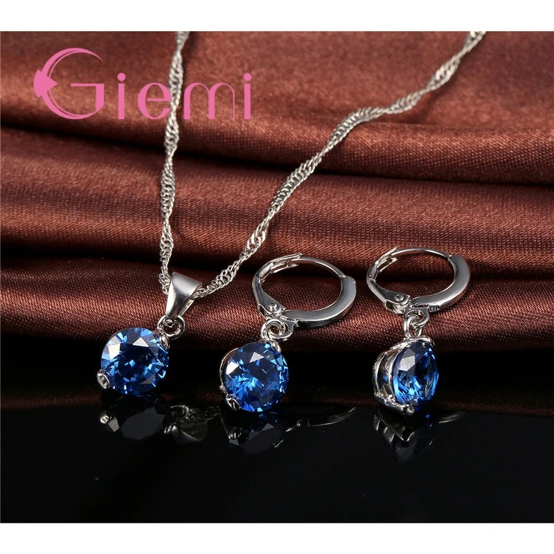 Heißer Verkauf, beliebt, klassisch, rund, 925er Silber, Hochzeit, Verlobung, Schmuck-Sets für Frauen, Anhänger, Halskette, Creolen