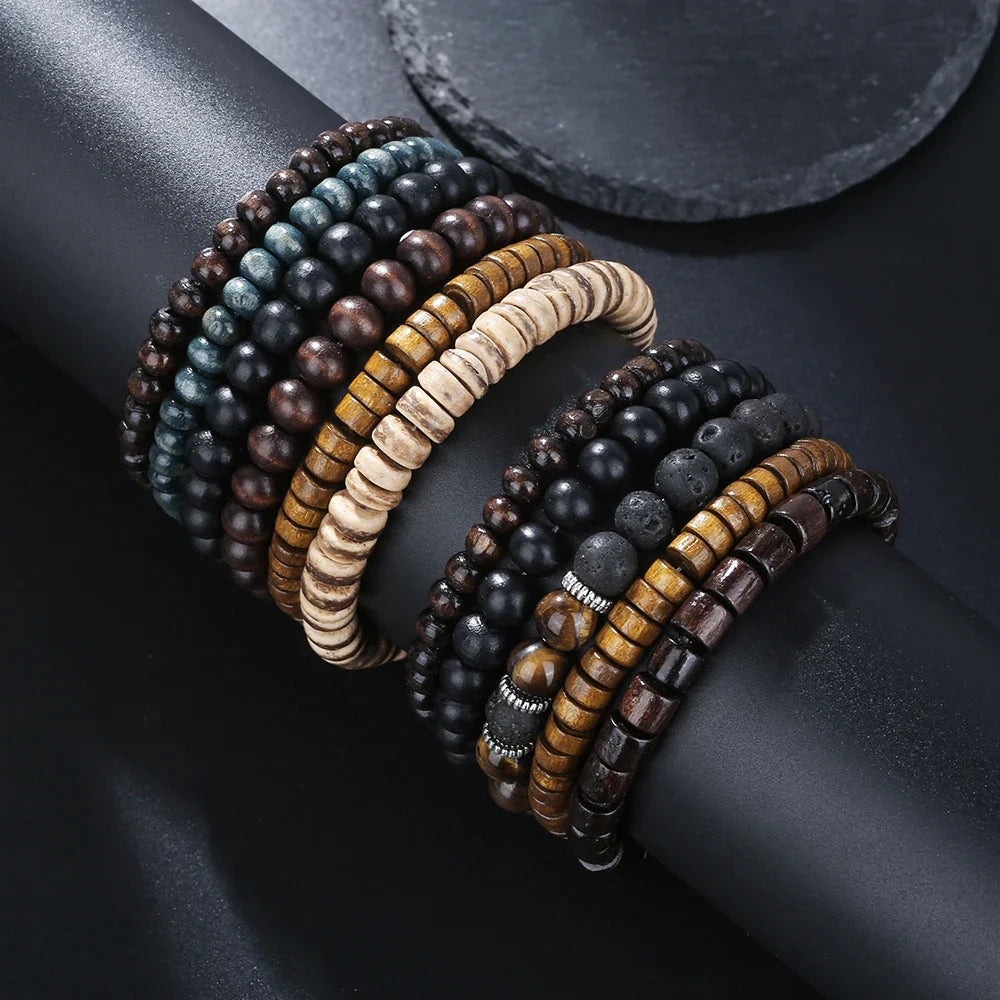 Meistverkaufte mehrschichtige Buddha-Holzperlen-Armbänder-Sets für Herren im Retro-Stil, mehrschichtiges, elastisches Faden, verstellbares Holzarmband
