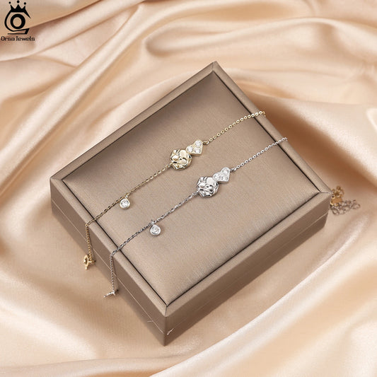 ORSA JEWELS Herz-Zirkonia-Kettenarmband aus 925er-Sterlingsilber, O-Kette, Blumendesign, Naturstil, trendige Damen-Accessoires APB09