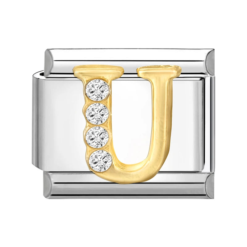 Neues modisches italienisches Armband mit 26 englischen Buchstaben, Edelstahl-Armreif, goldfarben, eingelegter Zirkonia, DIY-Herstellung von Schmuck, Geschenken