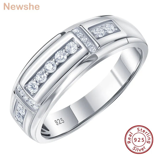 Newshe Eleganter Herren-Ehering aus 925er-Sterlingsilber, voller Moissanit-Ring für ihn, runder Verlobungsring mit halber Ewigkeit