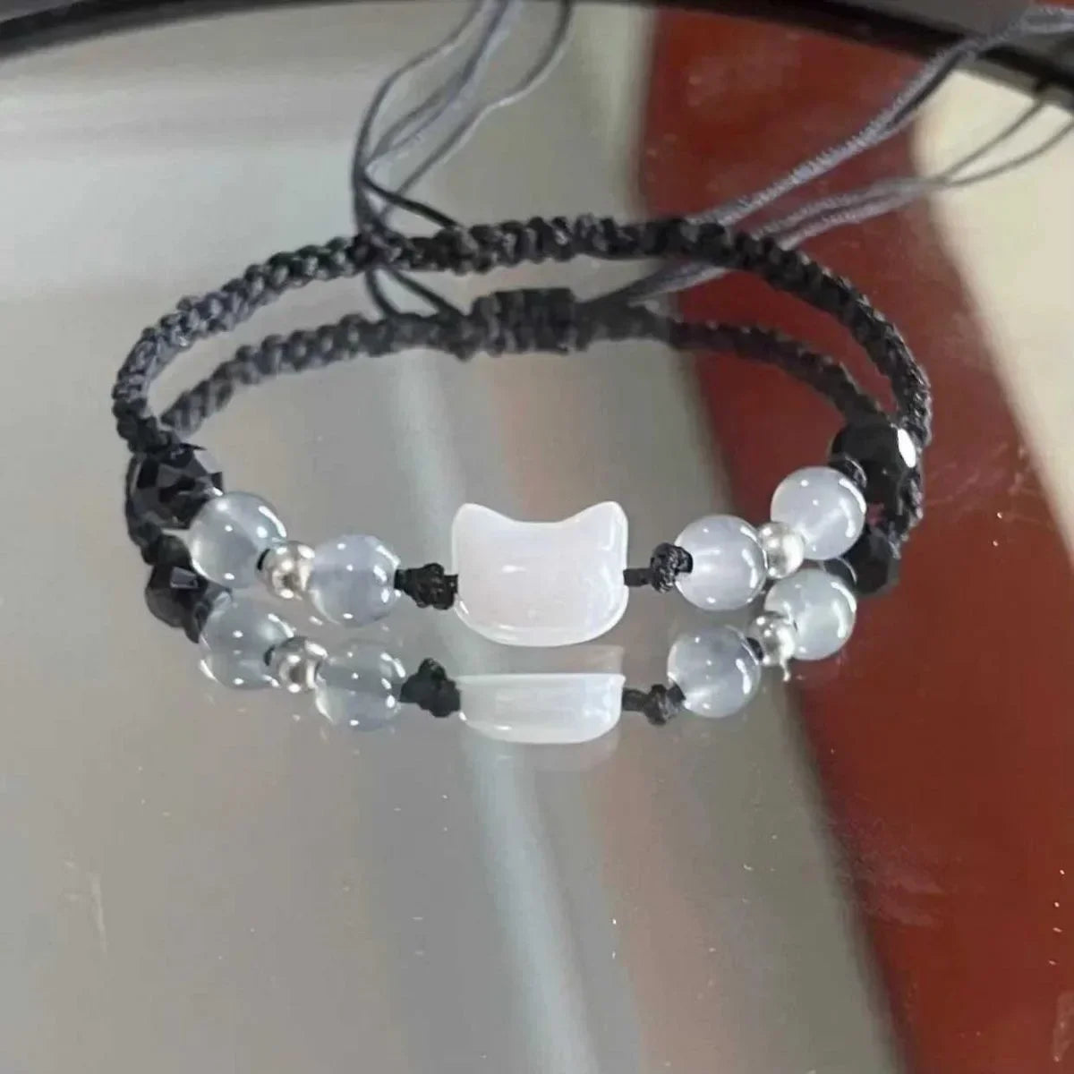 Süßes schwarz-weißes Kaninchen-Katzen-Armband, natürlicher Mondstein, Obsidian-Armbänder, Paar, minimalistisches Armband, handgefertigter Party-Schmuck, Geschenk