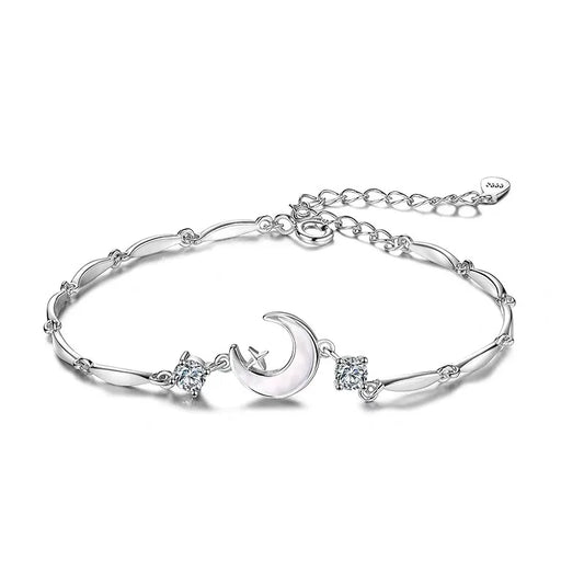 Damen-Armband aus 925er-Sterlingsilber mit Halbmond-Sternen, eingelegt mit Zirkon-Muschel, eingelegtem Mond, Silberschmuck-Armreif für Mädchen