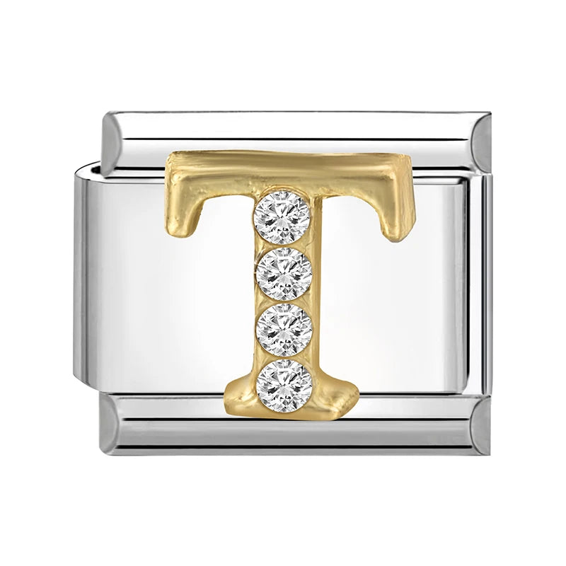 Neues modisches italienisches Armband mit 26 englischen Buchstaben, Edelstahl-Armreif, goldfarben, eingelegter Zirkonia, DIY-Herstellung von Schmuck, Geschenken