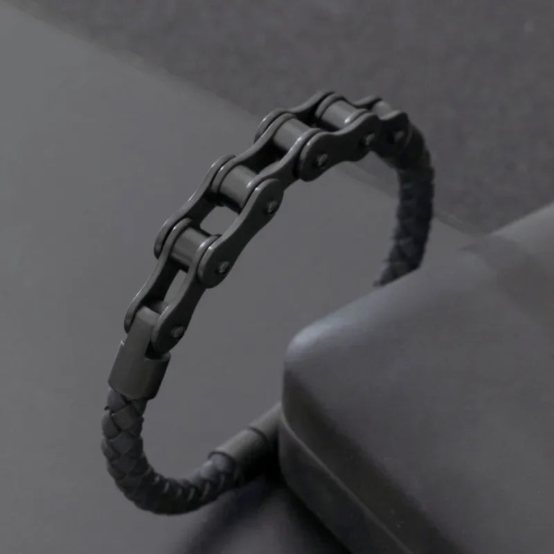 Retro Punk Fahrradkette handgewebtes Lederarmband mit Metallschnalle für Männer Motorradfahrer Rock Party Schmuck Geschenk