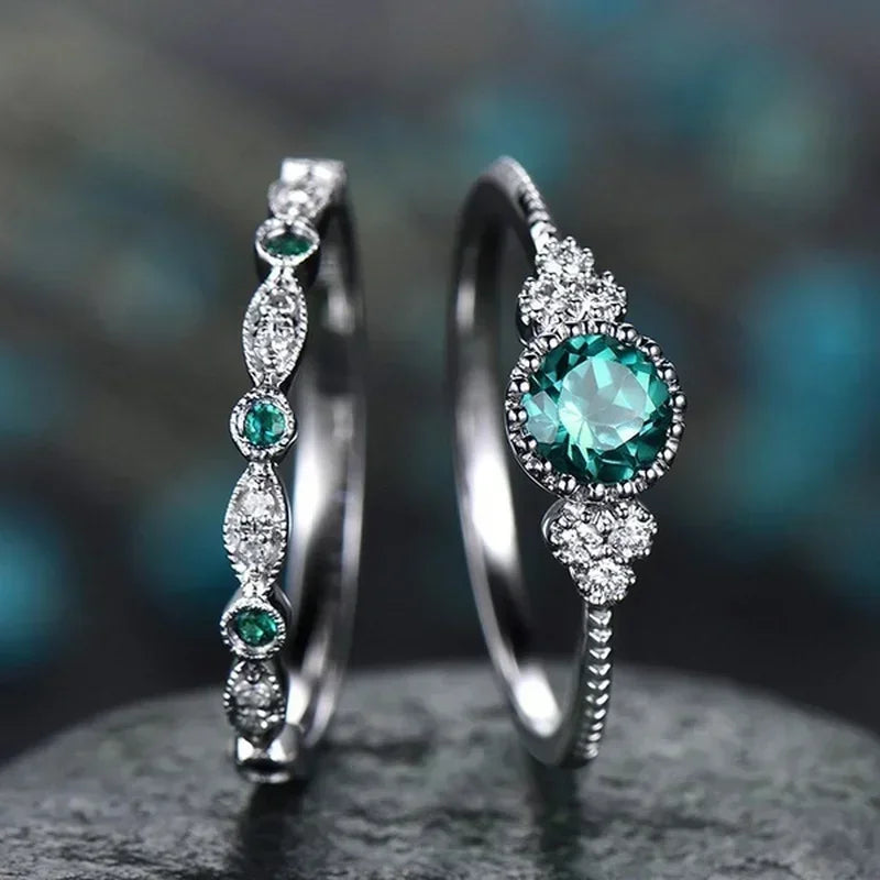 2 Teile/satz Luxus Grün Blau Stein Kristall Ringe Für Frauen Silber Farbe Hochzeit Verlobung Ringe Schmuck