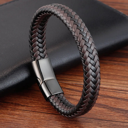 MKENDN Punk Männer Geflochtene Echte Schwarz Kaffee Leder Armband Schwarz Edelstahl Magnetische Schnalle Armband Geschenke Homme Pulsera