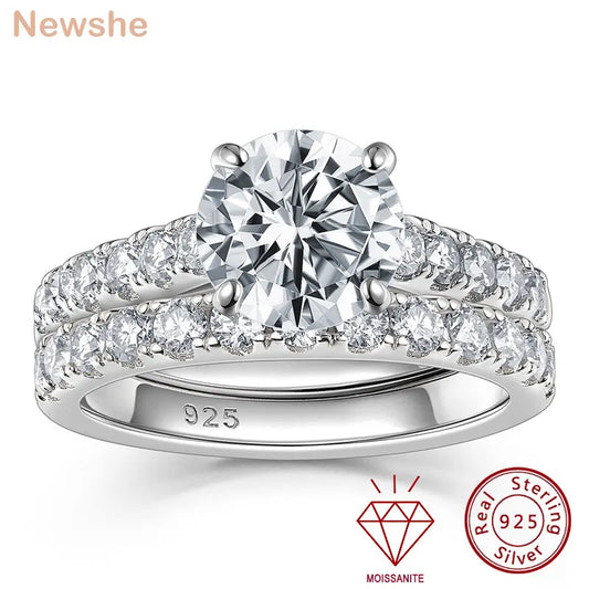 Newshe Zertifiziertes 2 Karat Moissanit-Ehering-Set für Damen, 925er Sterlingsilber, brillanter Rundschliff, luxuriöse Verlobungsringe