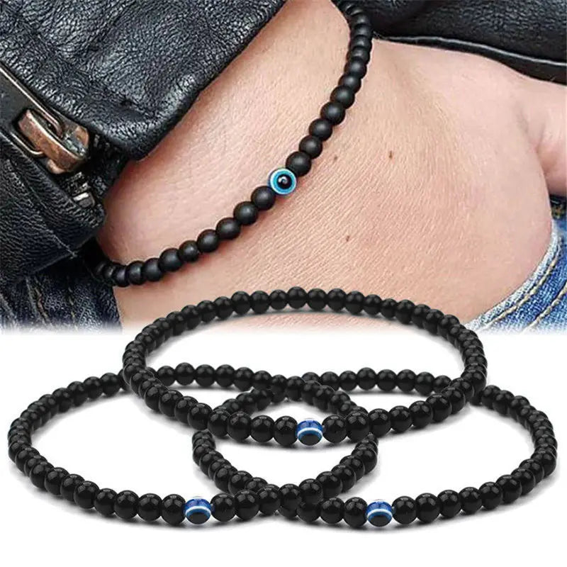 2 Stück türkische blaue böse Augen Armband schwarze Natursteinperlen Obsidian Männer Beacelet für Frauen Männer Yoga Hand Schmuck Geschenke 6 mm