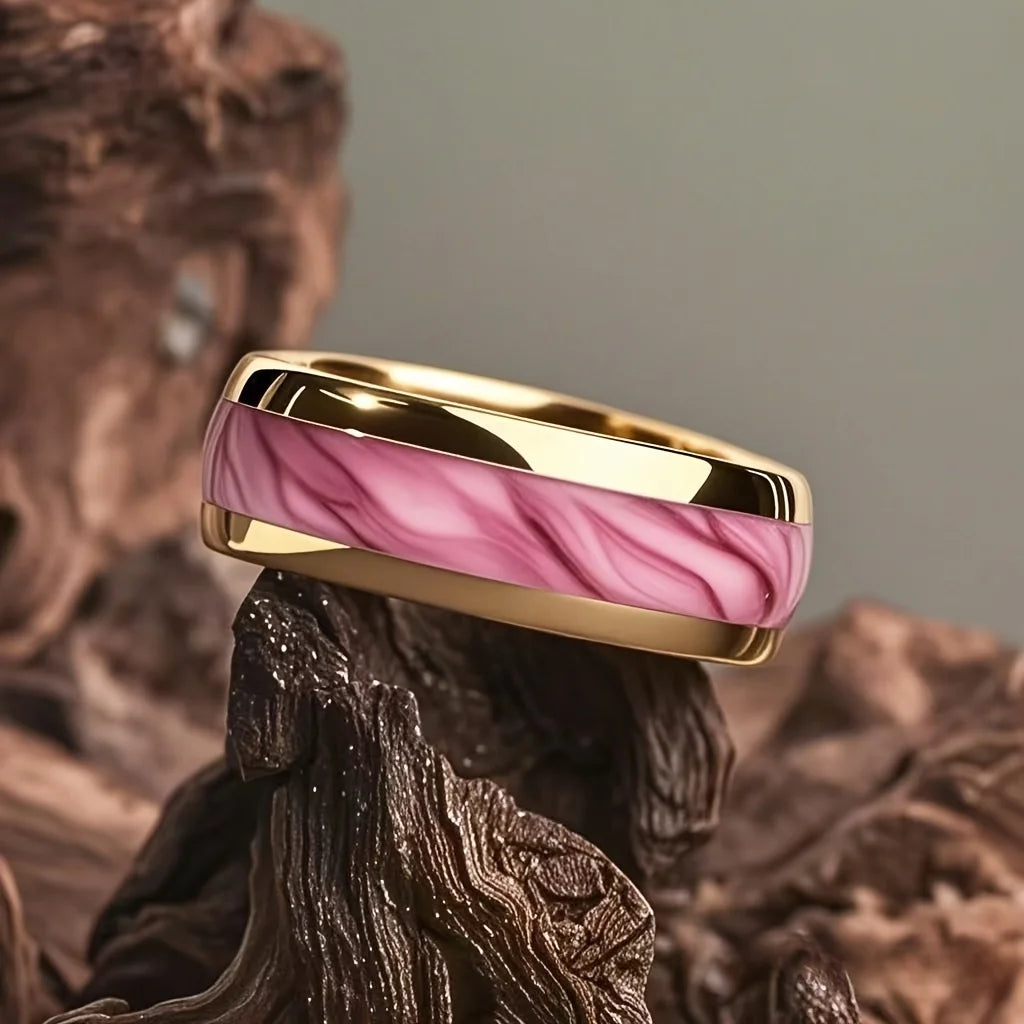 8MM Mode Rosa Abalone Shell Inlay männer Ring Einzigartige Gold Farbe Hochzeit Engagement Edelstahl Ringe Frauen Party ring
