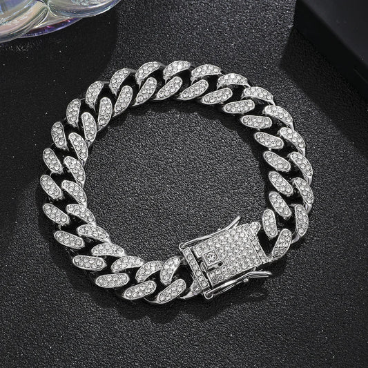 Volle Kristall Stein Kubanischen Kette Hip Hop Armband Für Männer Silber Farbe Metall Link Kette Strass Glück Verschluss Herren Armband